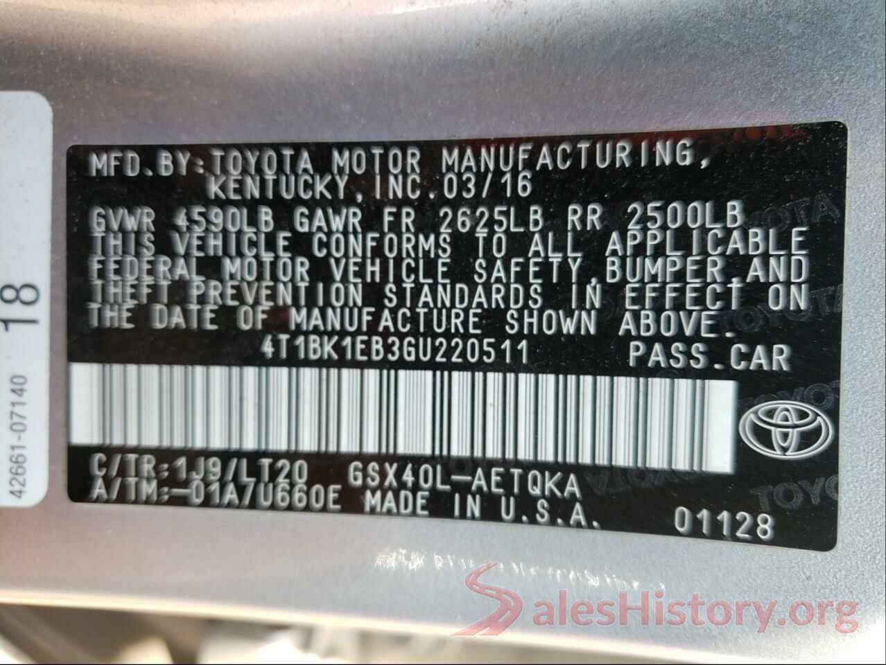 4T1BK1EB3GU220511 2016 TOYOTA AVALON