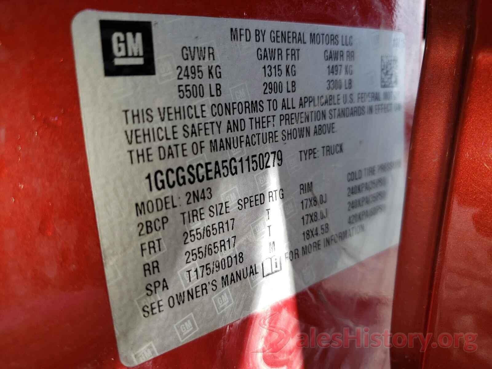 1GCGSCEA5G1150279 2016 CHEVROLET COLORADO