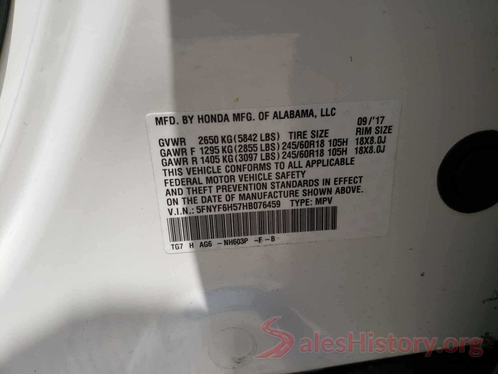 5FNYF6H57HB076459 2017 HONDA PILOT