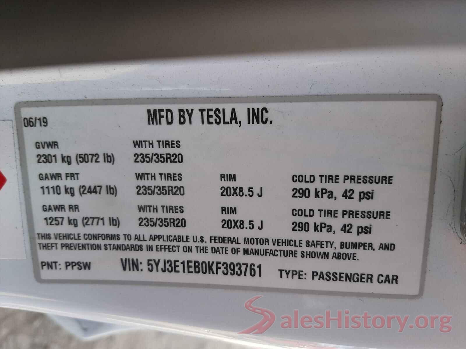 5YJ3E1EB0KF393761 2019 TESLA MODEL 3