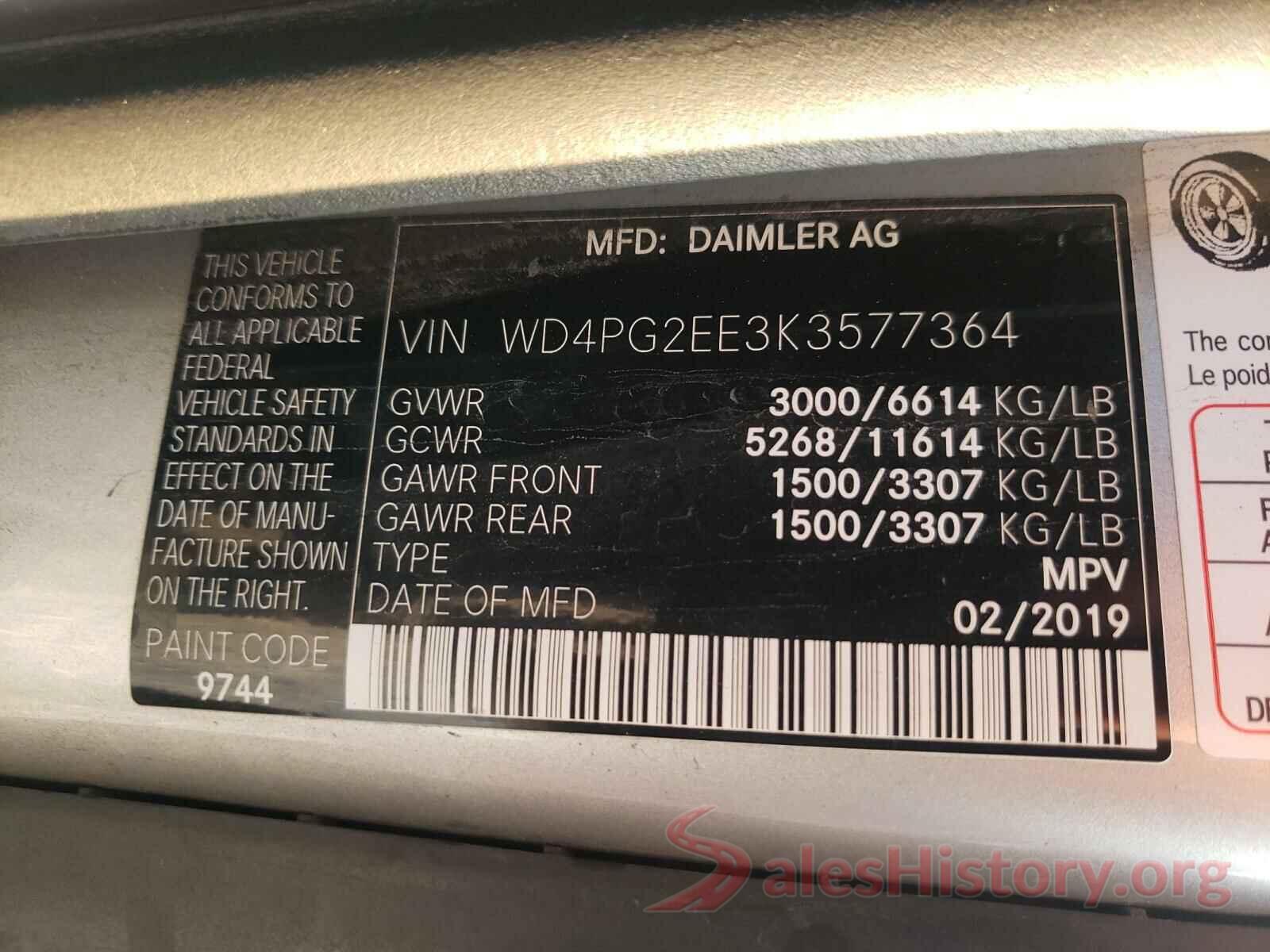 WD4PG2EE3K3577364 2019 MERCEDES-BENZ METRIS