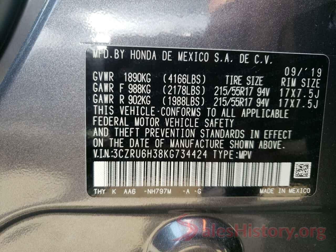 3CZRU6H38KG734424 2019 HONDA HR-V