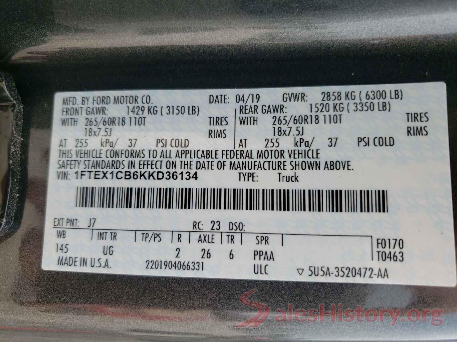 1FTEX1CB6KKD36134 2019 FORD F-150