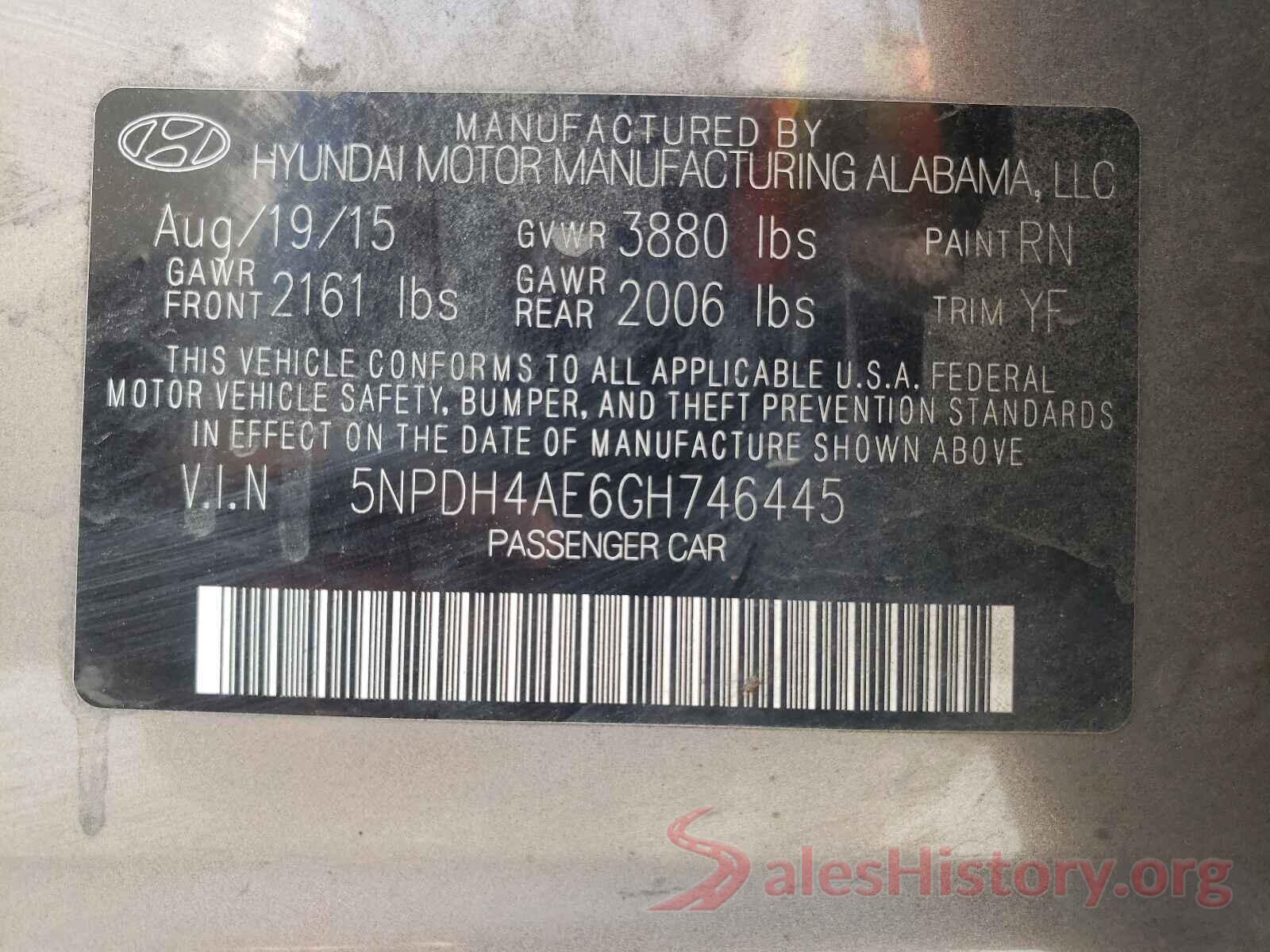 5NPDH4AE6GH746445 2016 HYUNDAI ELANTRA