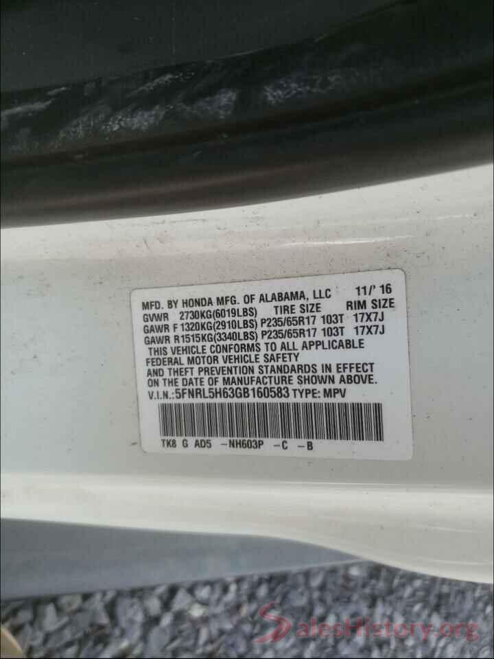 5FNRL5H63GB160583 2016 HONDA ODYSSEY