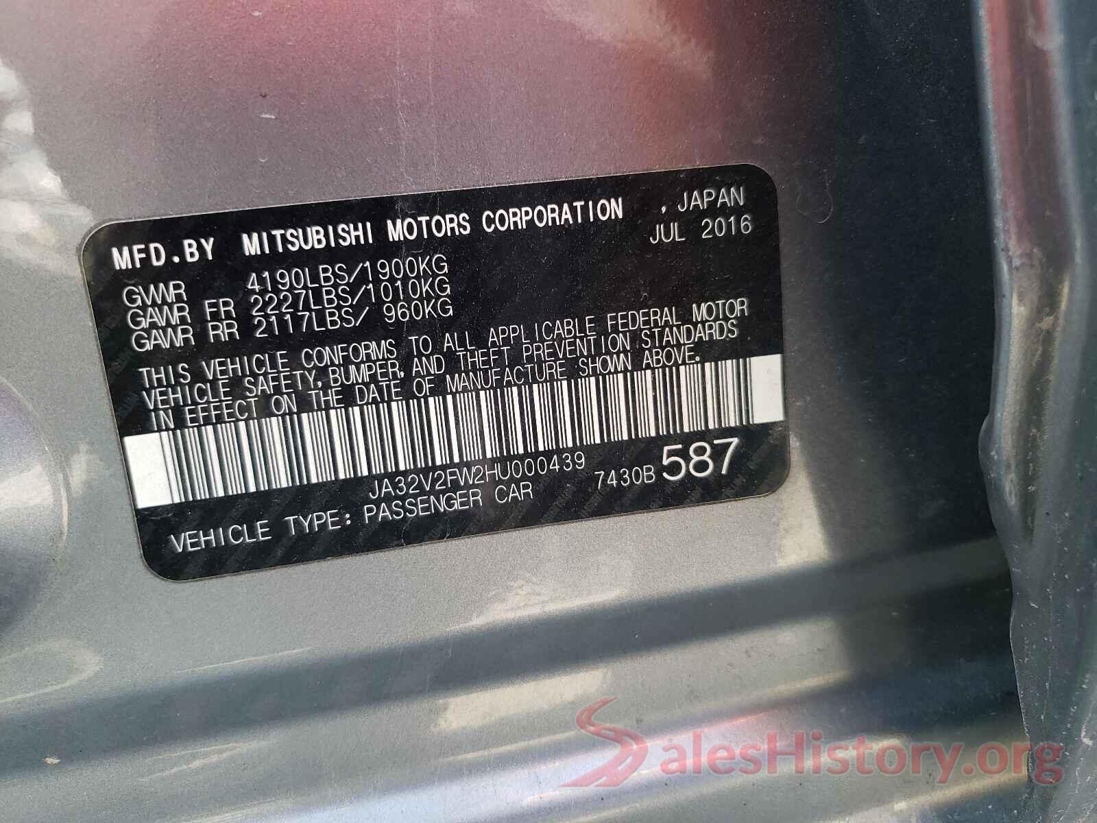 JA32V2FW2HU000439 2017 MITSUBISHI LANCER