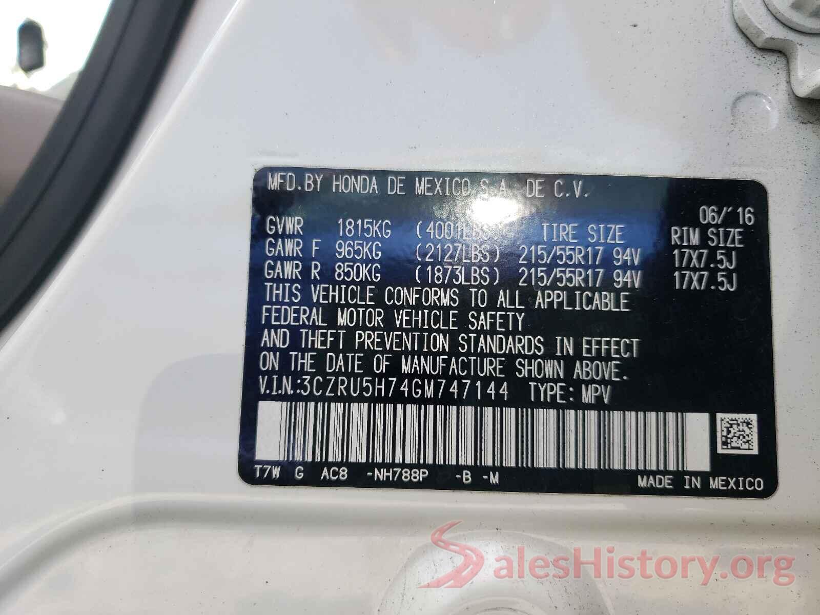 3CZRU5H74GM747144 2016 HONDA HR-V