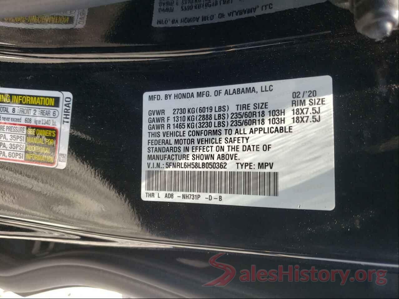 5FNRL6H58LB050362 2020 HONDA ODYSSEY