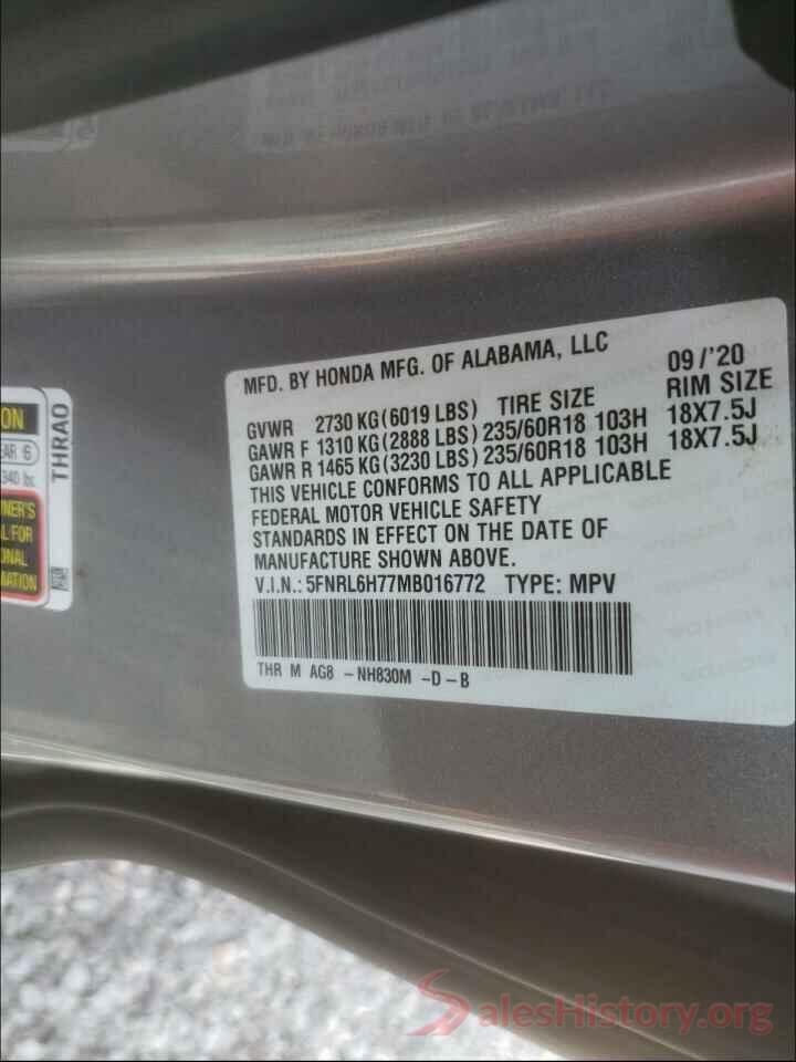 5FNRL6H77MB016772 2021 HONDA ODYSSEY