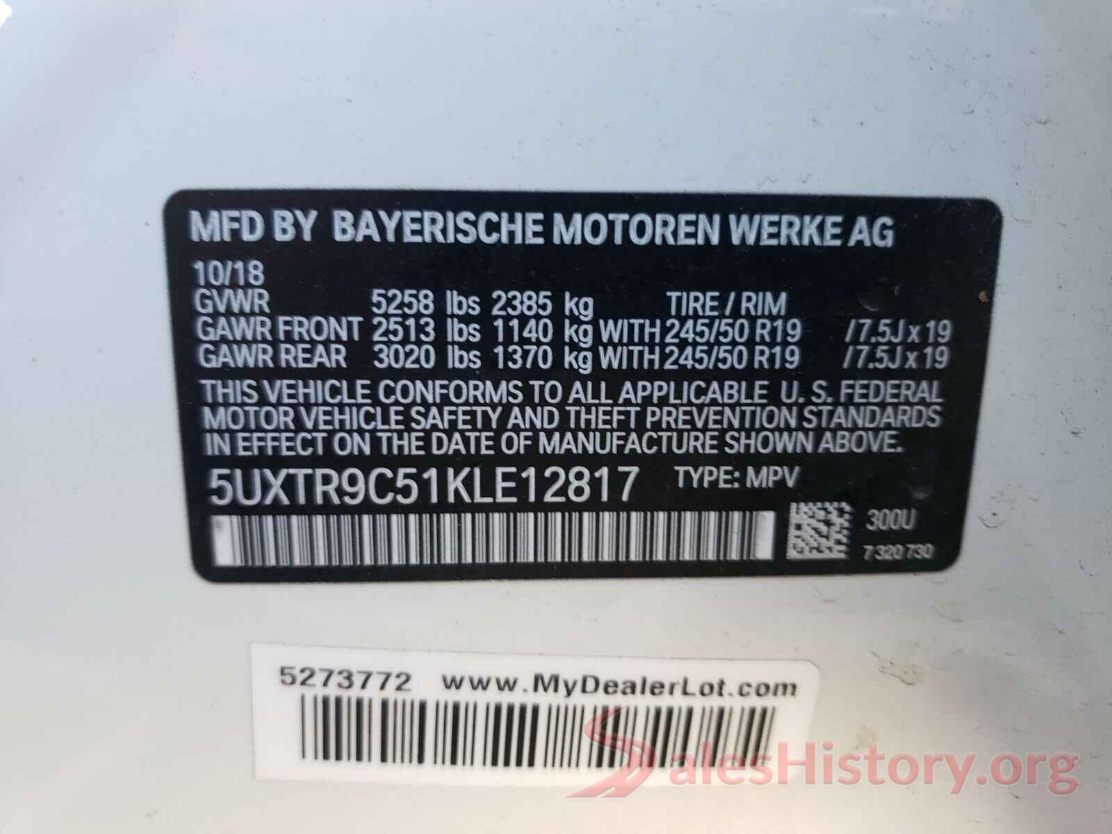 5UXTR9C51KLE12817 2019 BMW X3