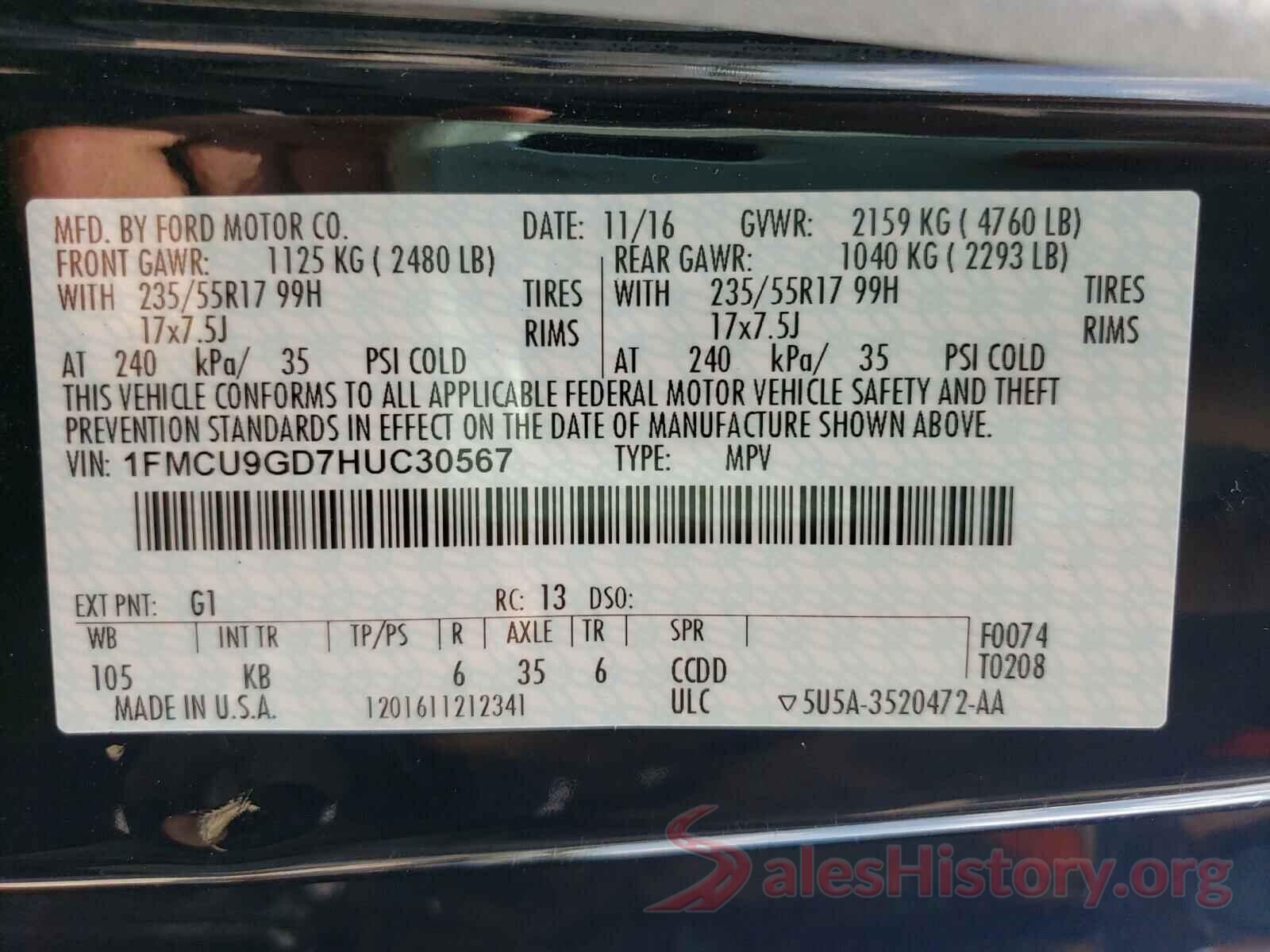 1FMCU9GD7HUC30567 2017 FORD ESCAPE