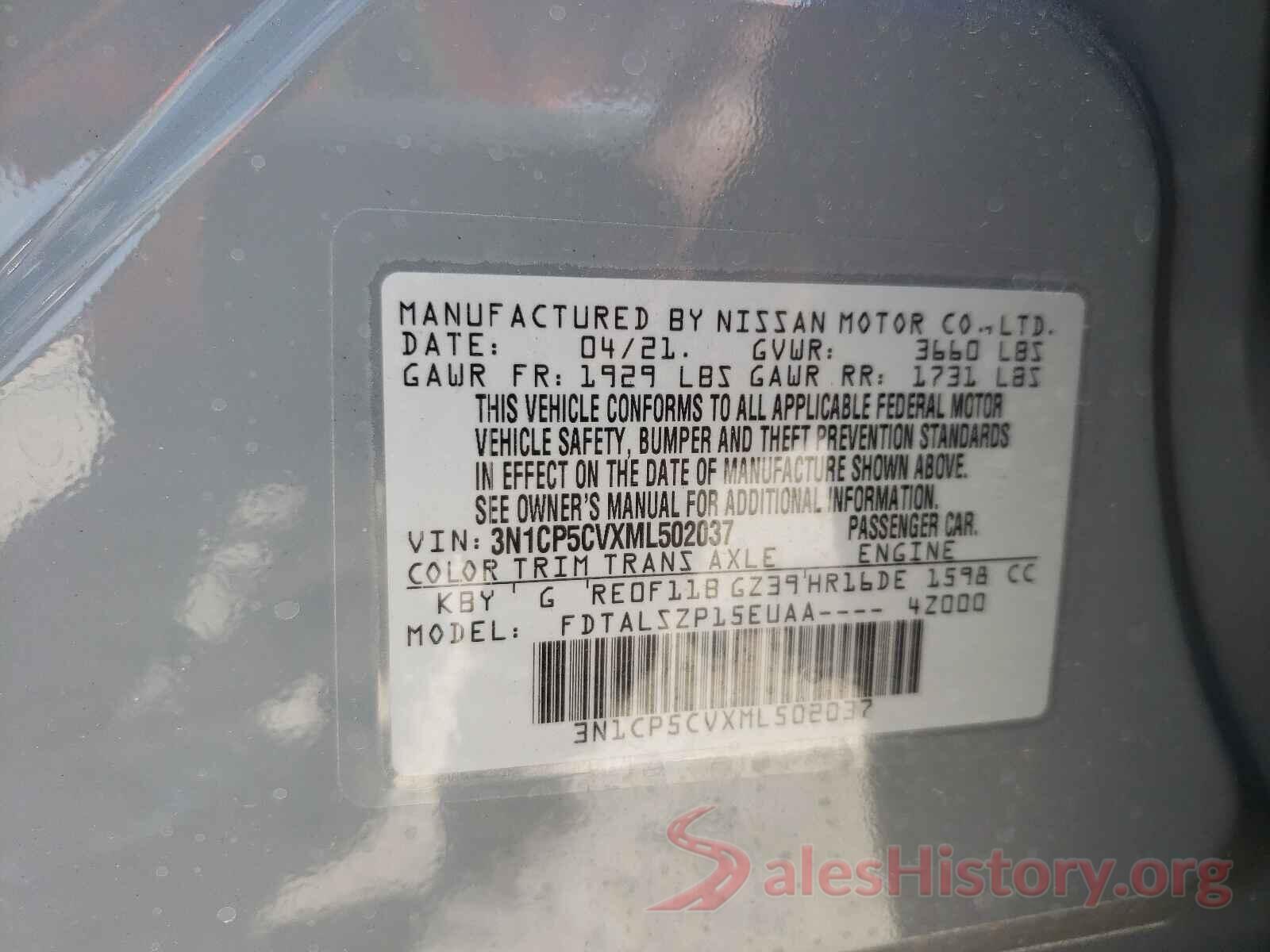 3N1CP5CVXML502037 2021 NISSAN KICKS