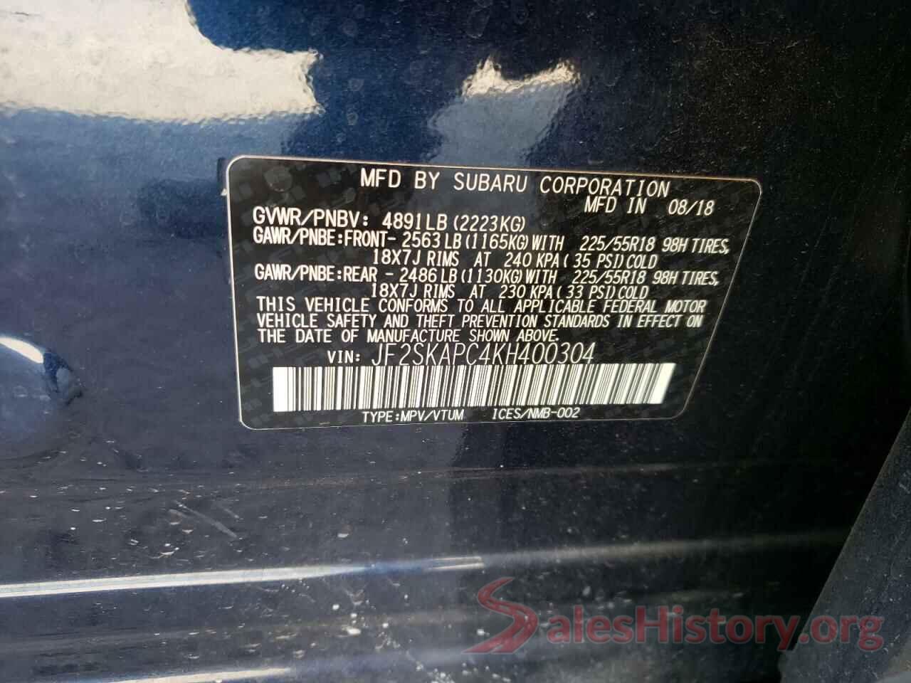 JF2SKAPC4KH400304 2019 SUBARU FORESTER