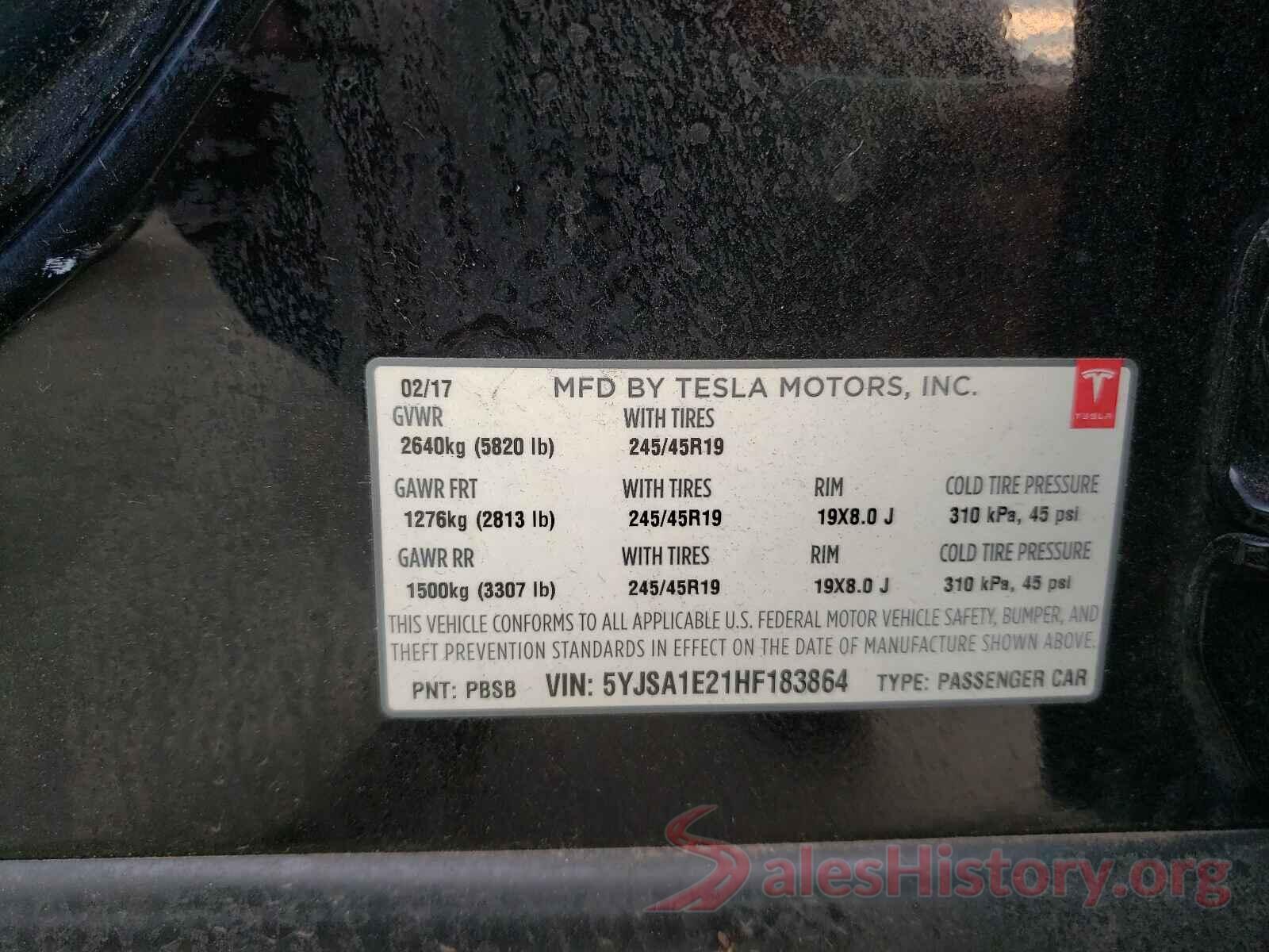 5YJSA1E21HF183864 2017 TESLA MODEL S