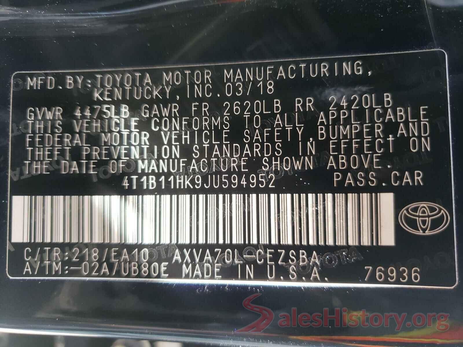 4T1B11HK9JU594952 2018 TOYOTA CAMRY