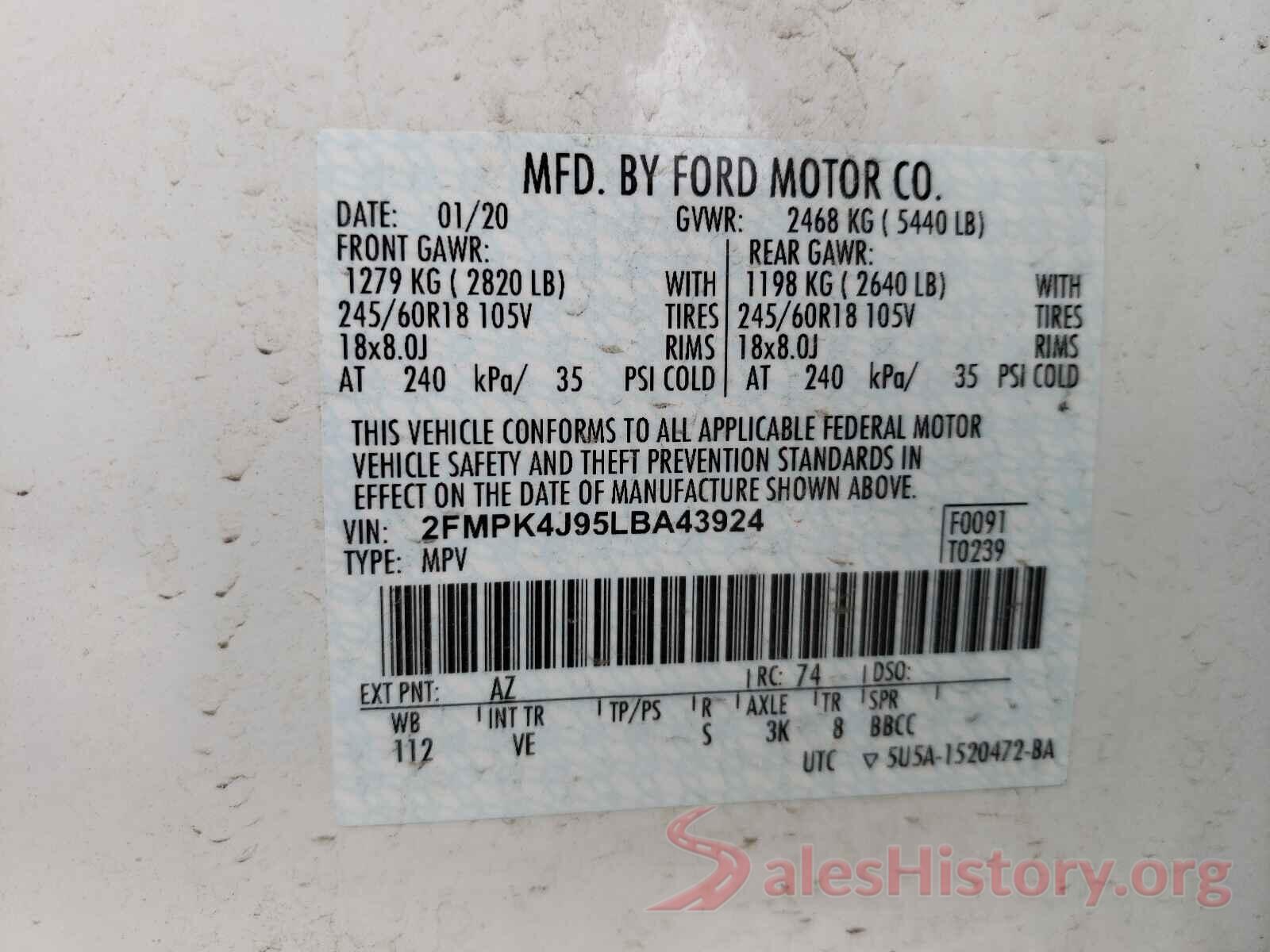 2FMPK4J95LBA43924 2020 FORD EDGE