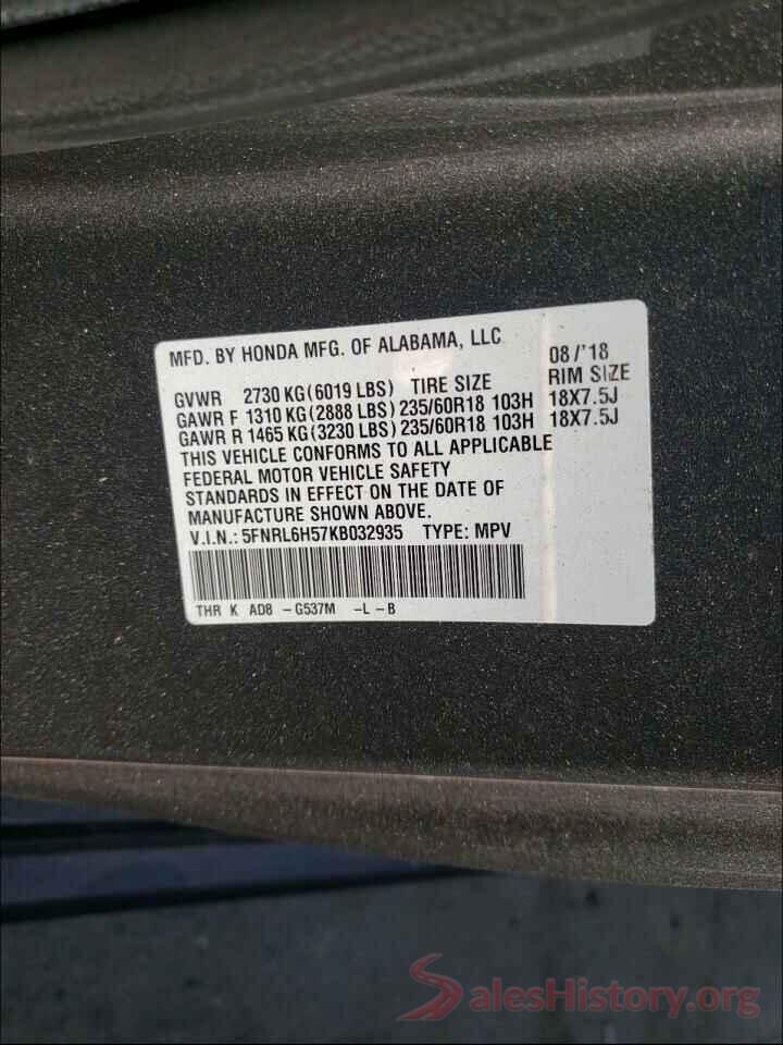 5FNRL6H57KB032935 2019 HONDA ODYSSEY