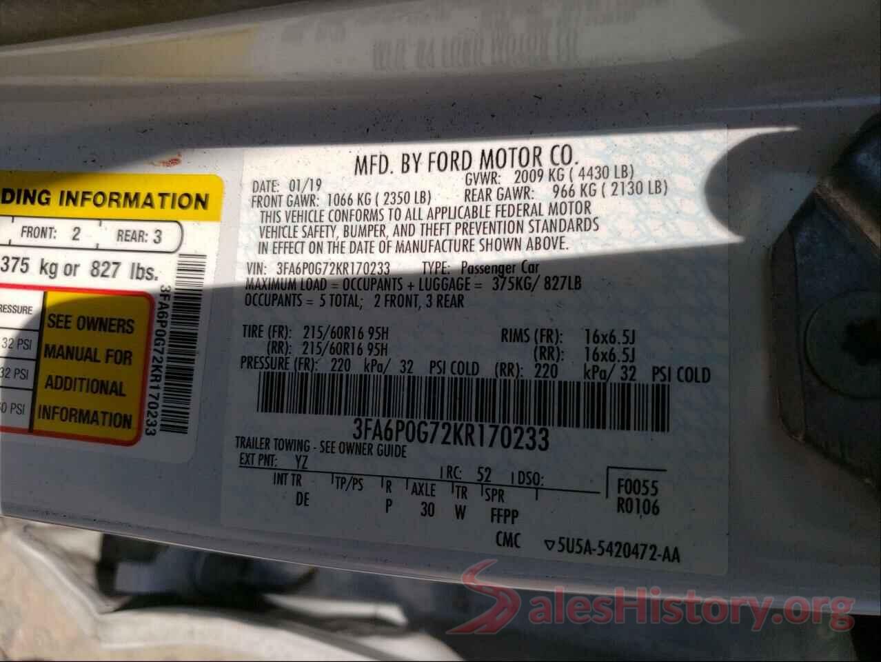 3FA6P0G72KR170233 2019 FORD FUSION