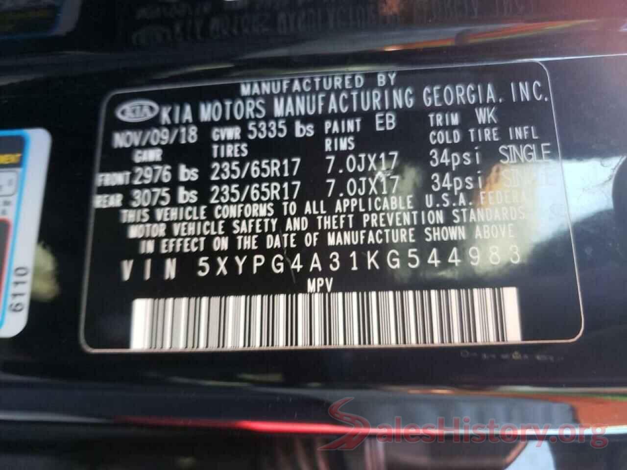 5XYPG4A31KG544983 2019 KIA SORENTO