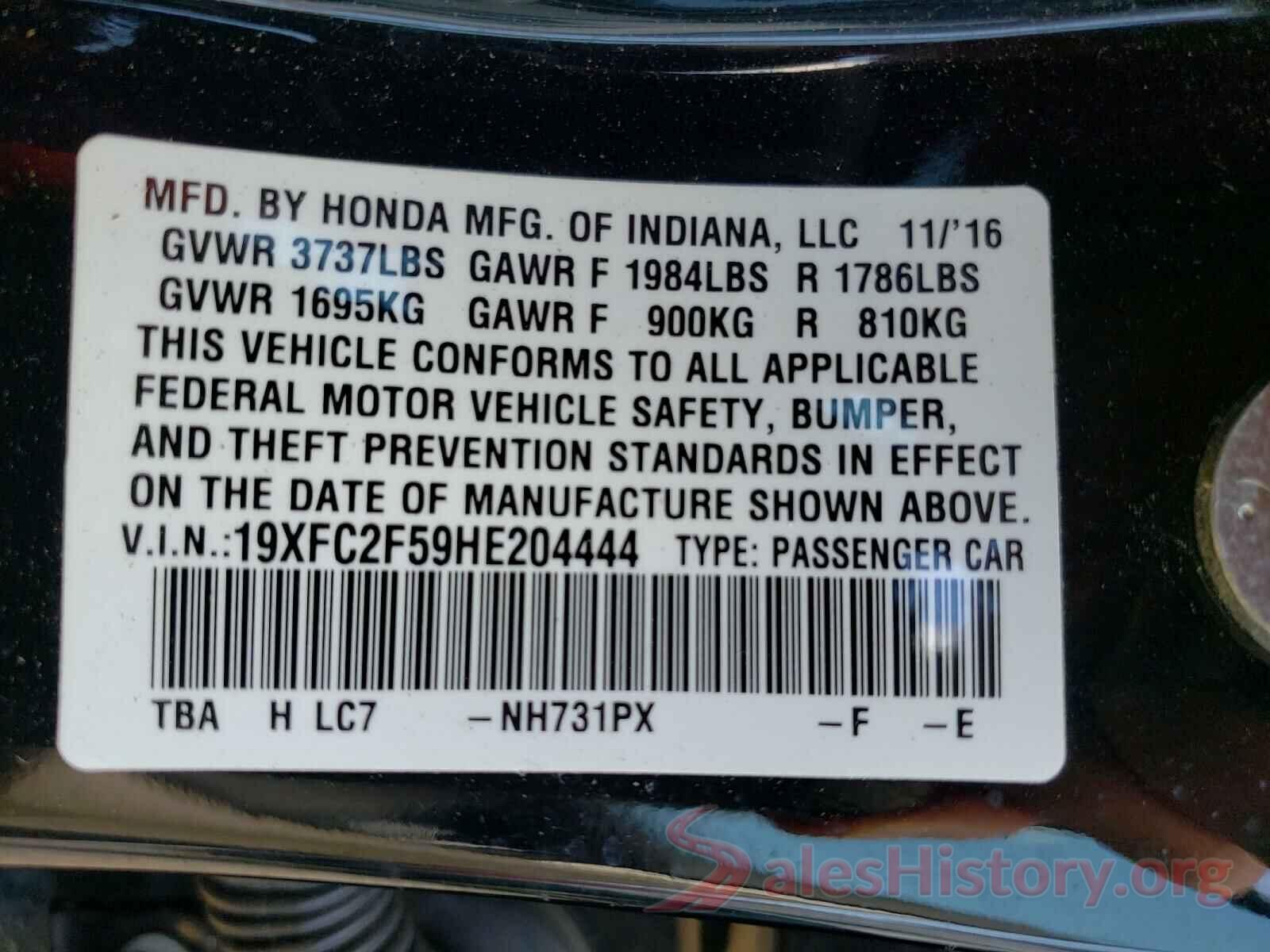 19XFC2F59HE204444 2017 HONDA CIVIC