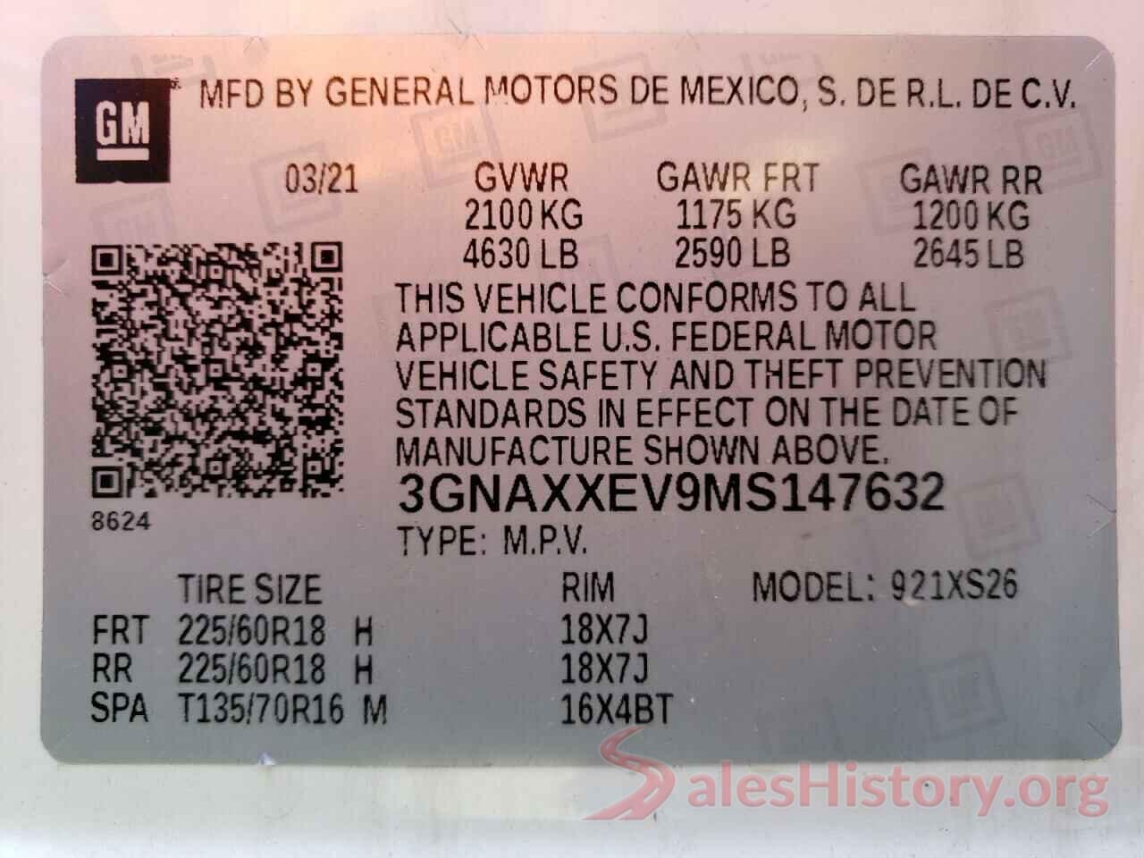 3GNAXXEV9MS147632 2021 CHEVROLET EQUINOX