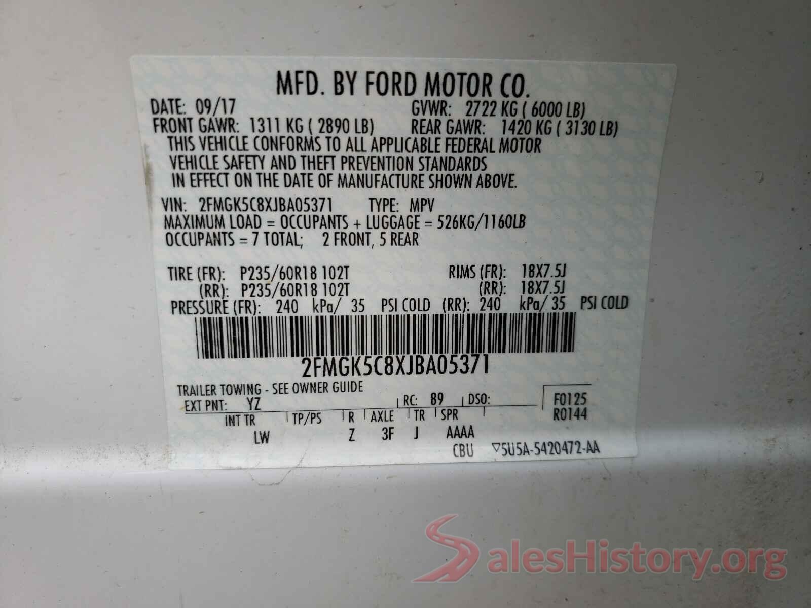 2FMGK5C8XJBA05371 2018 FORD FLEX