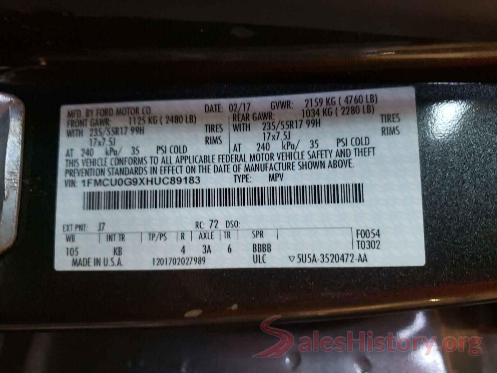 1FMCU0G9XHUC89183 2017 FORD ESCAPE