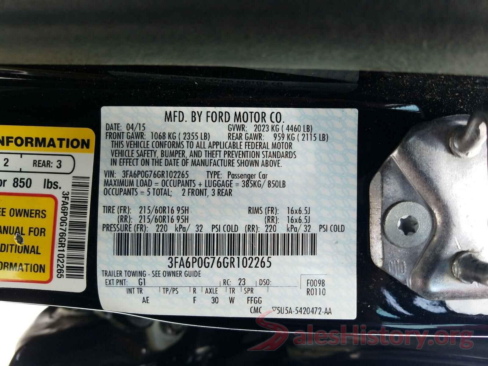 3FA6P0G76GR102265 2016 FORD FUSION