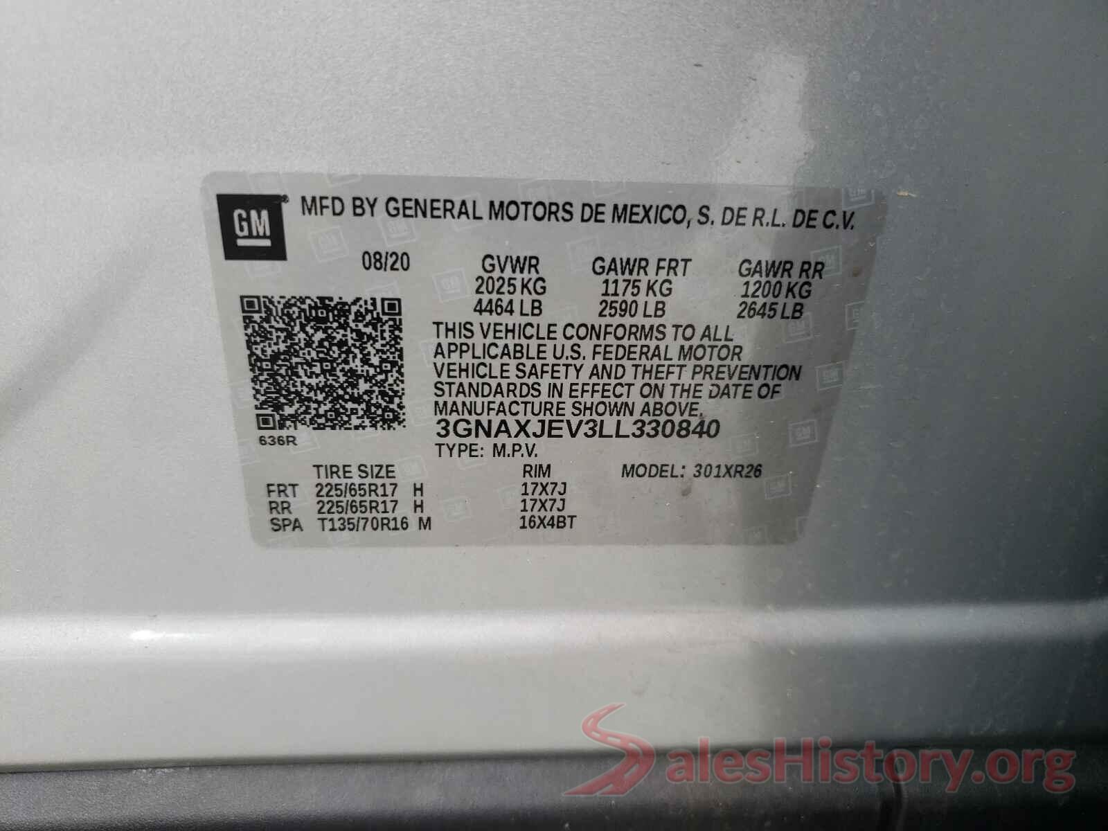 3GNAXJEV3LL330840 2020 CHEVROLET EQUINOX