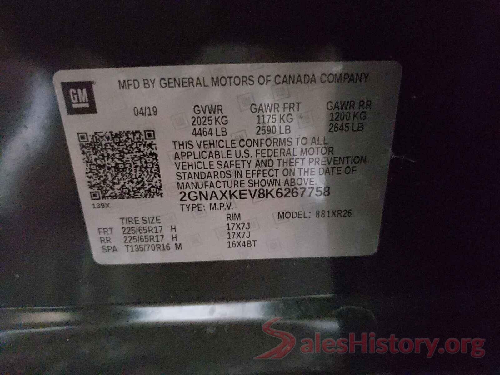 2GNAXKEV8K6267758 2019 CHEVROLET EQUINOX