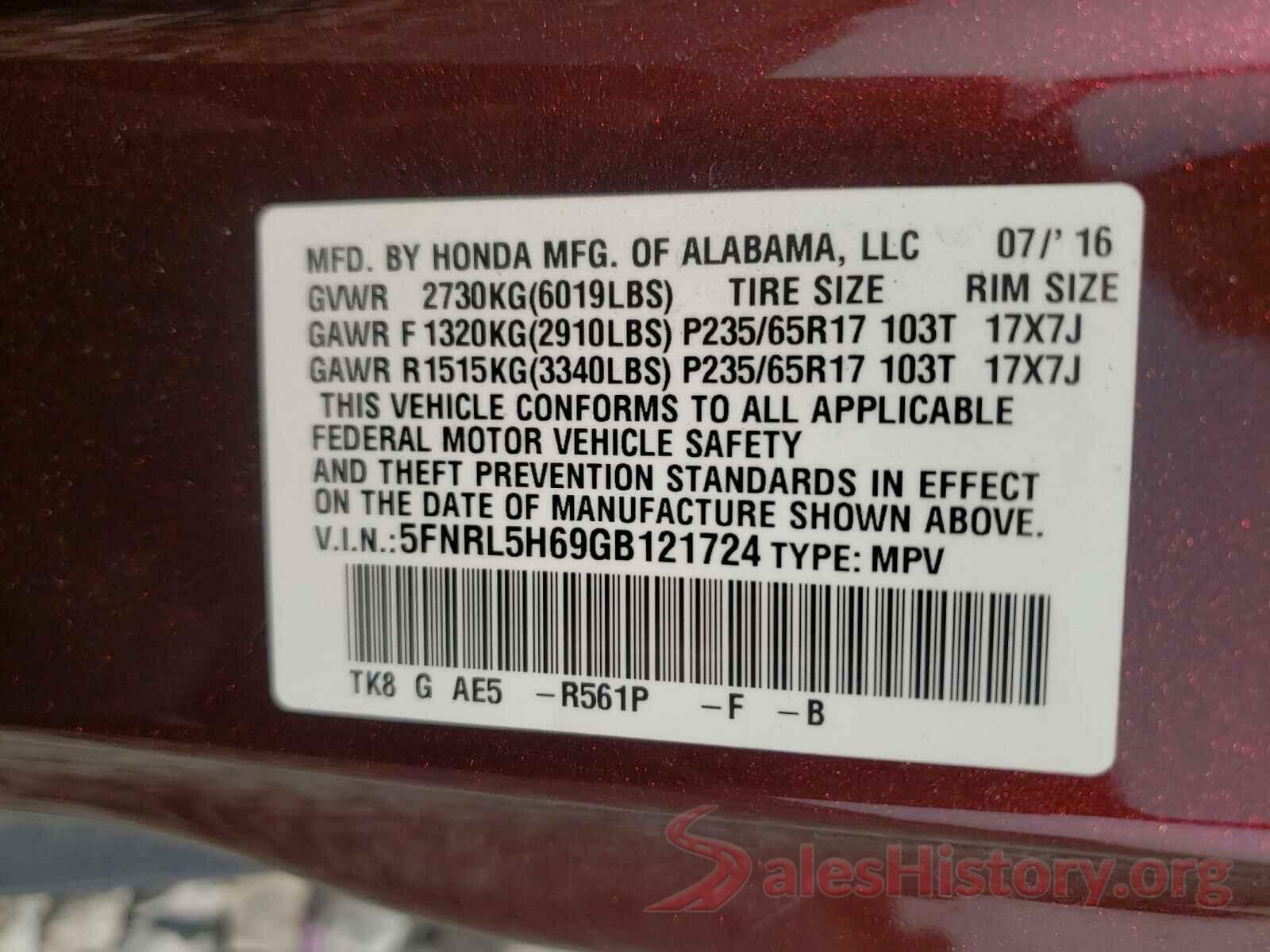 5FNRL5H69GB121724 2016 HONDA ODYSSEY