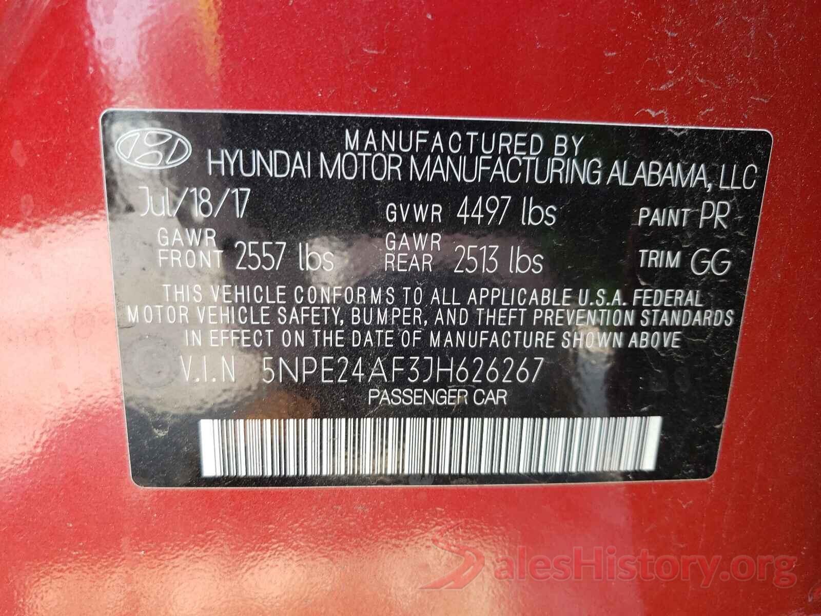 5NPE24AF3JH626267 2018 HYUNDAI SONATA