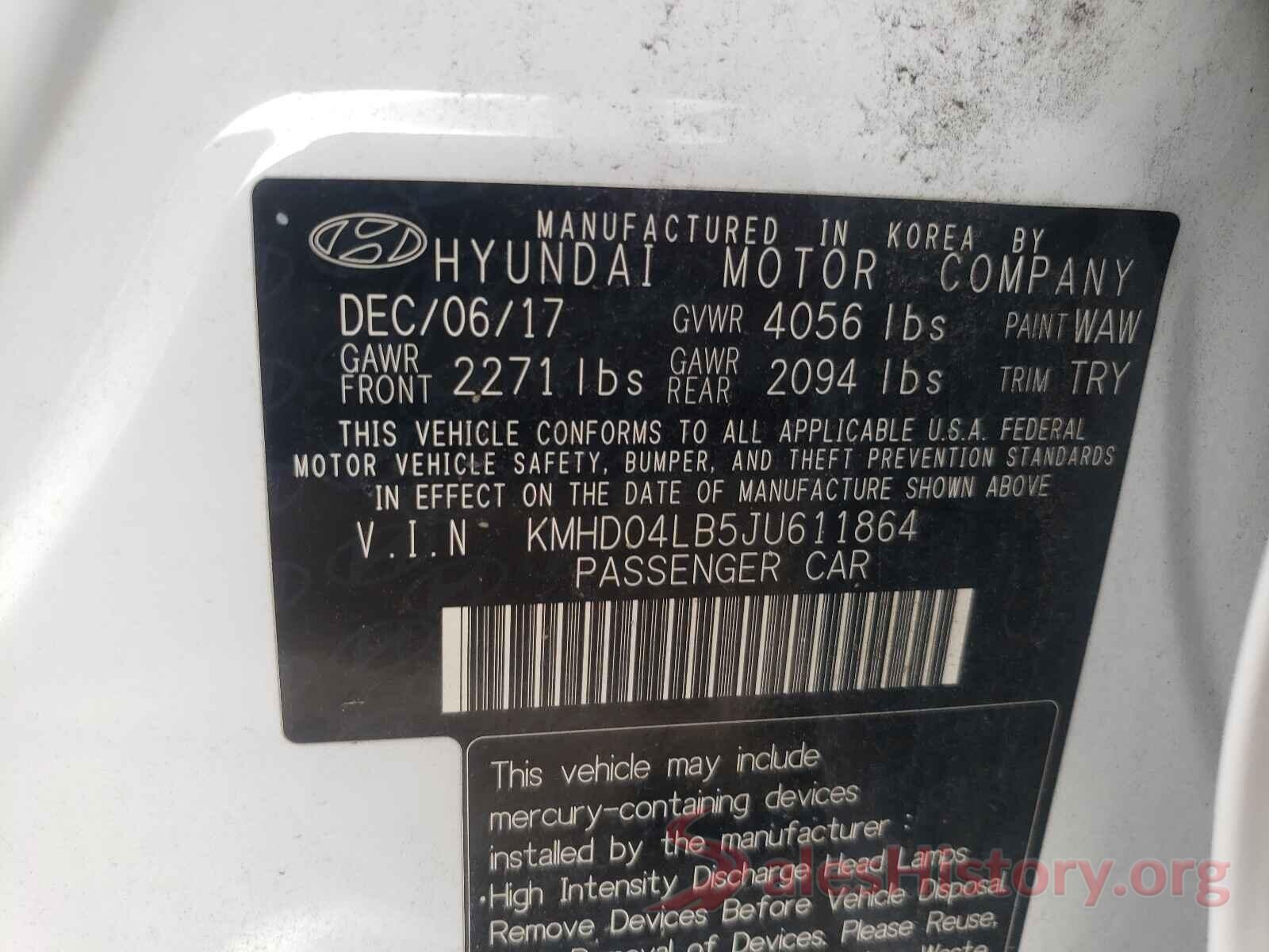 KMHD04LB5JU611864 2018 HYUNDAI ELANTRA