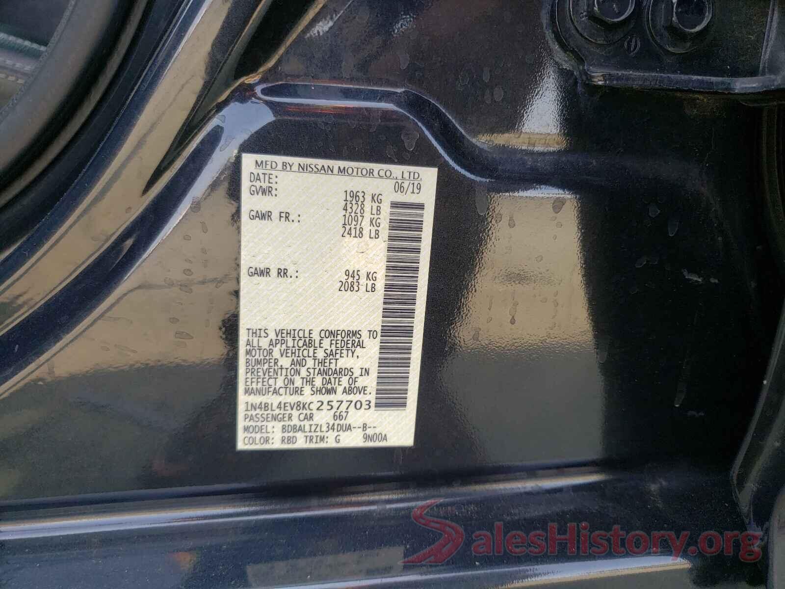 1N4BL4EV8KC257703 2019 NISSAN ALTIMA