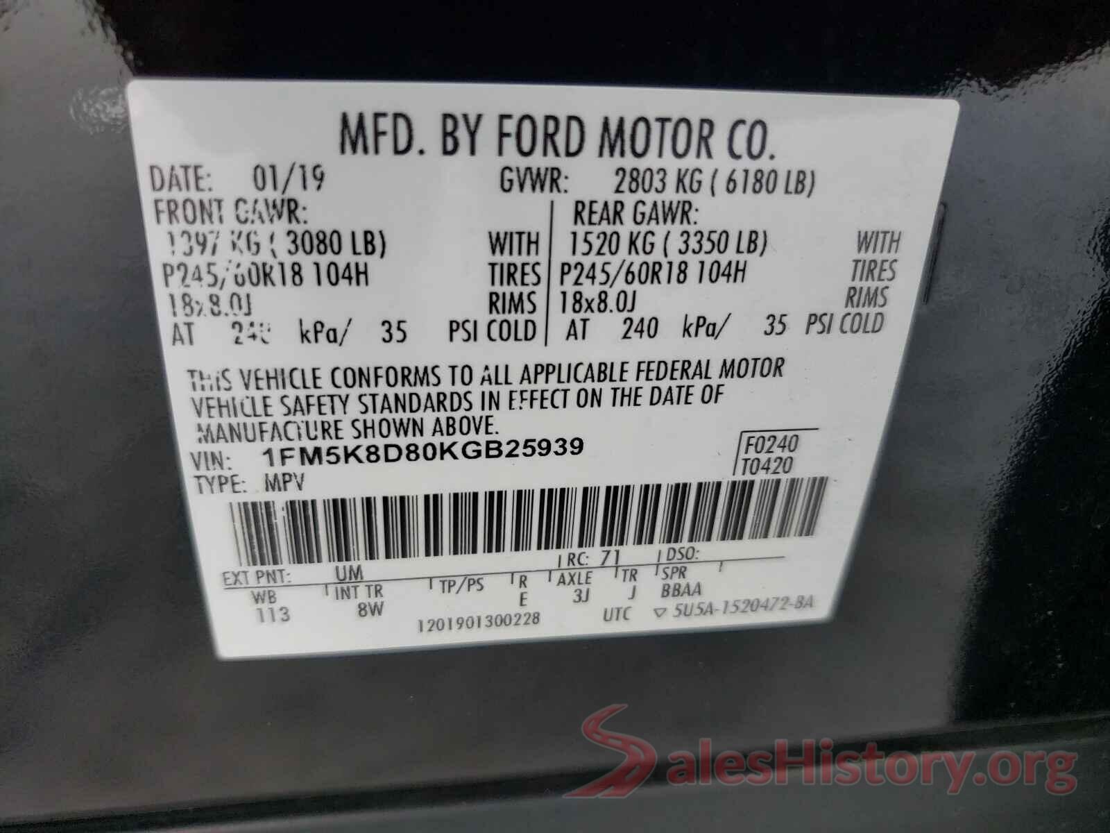 1FM5K8D80KGB25939 2019 FORD EXPLORER