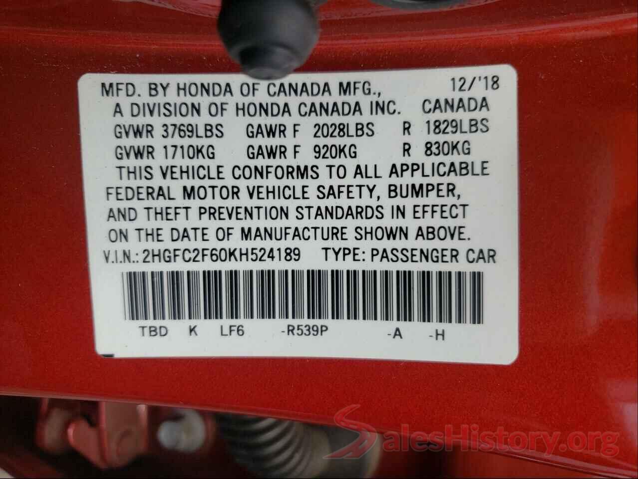 2HGFC2F60KH524189 2019 HONDA CIVIC