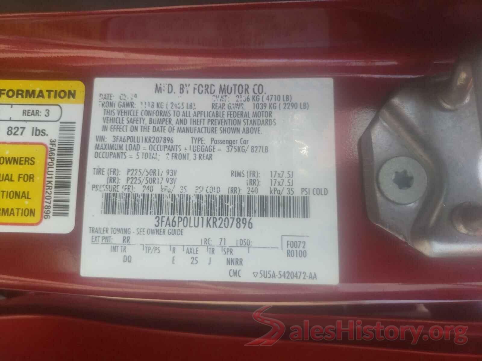 3FA6P0LU1KR207896 2019 FORD FUSION