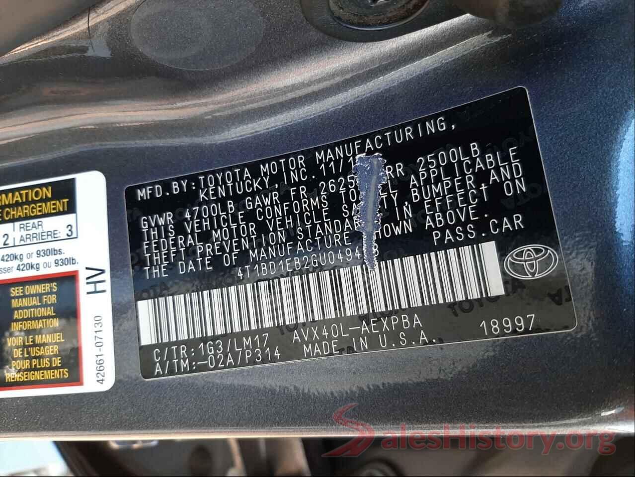 4T1BD1EB2GU049468 2016 TOYOTA AVALON