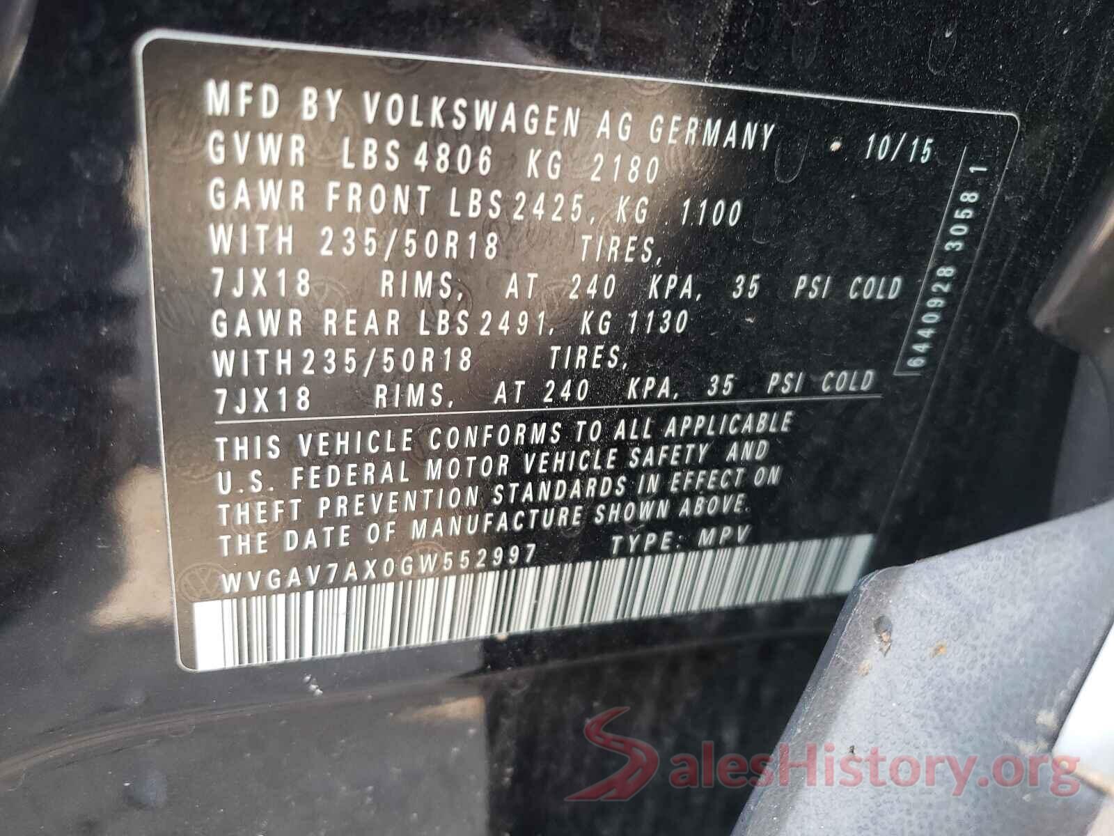 WVGAV7AX0GW552997 2016 VOLKSWAGEN TIGUAN