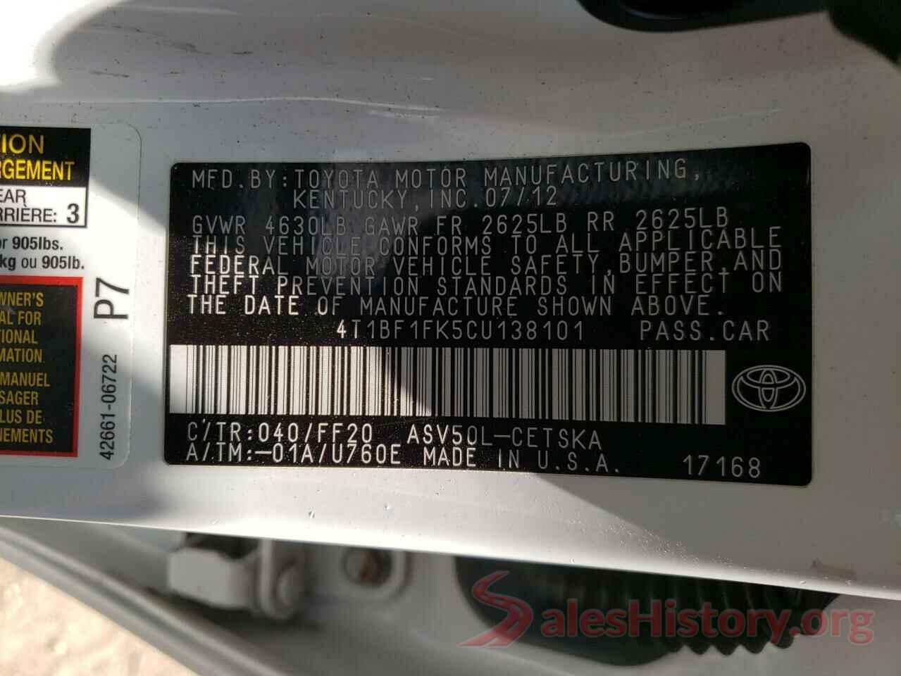 4T1BF1FK5CU138101 2012 TOYOTA CAMRY