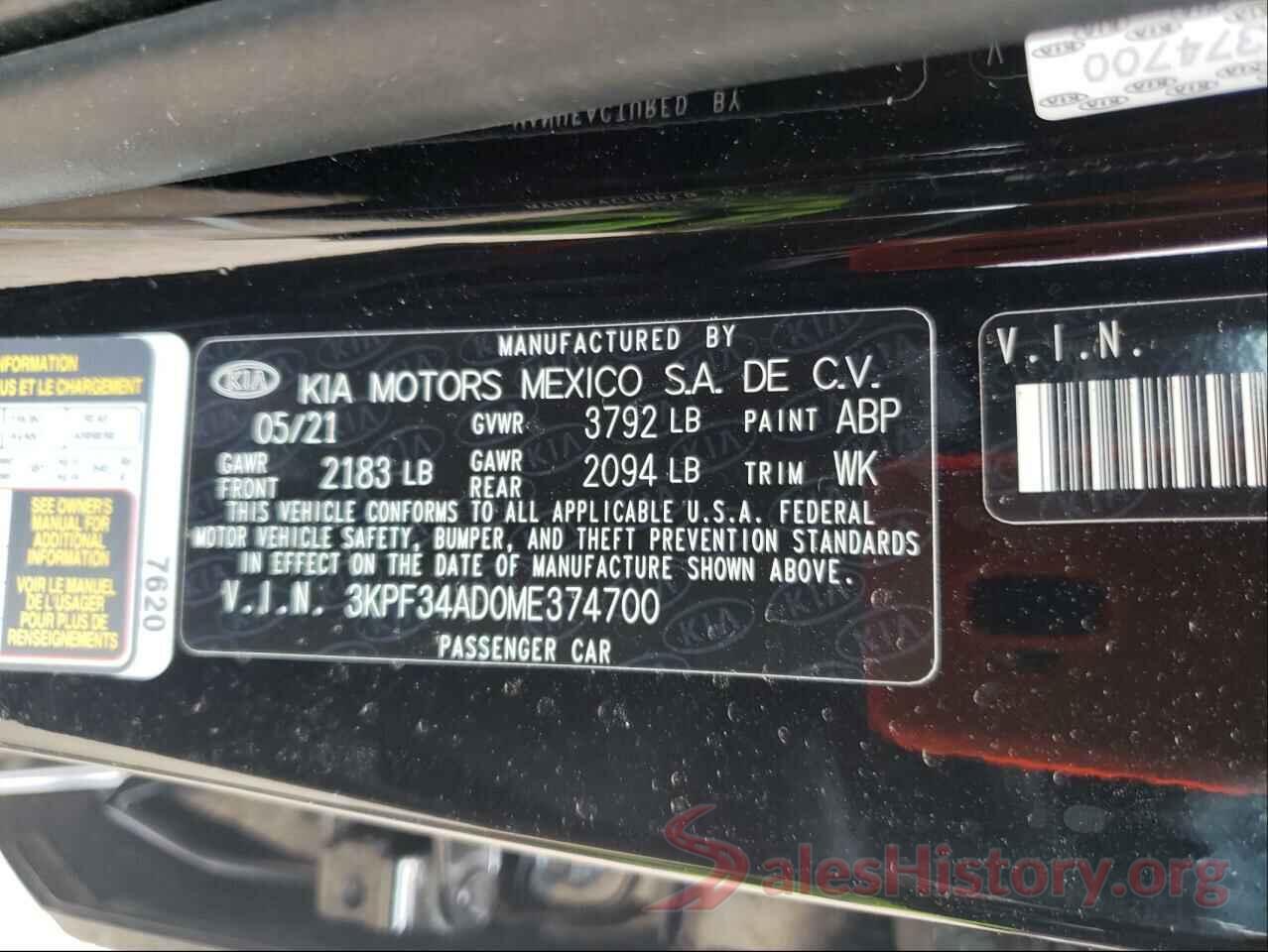 3KPF34AD0ME374700 2021 KIA FORTE