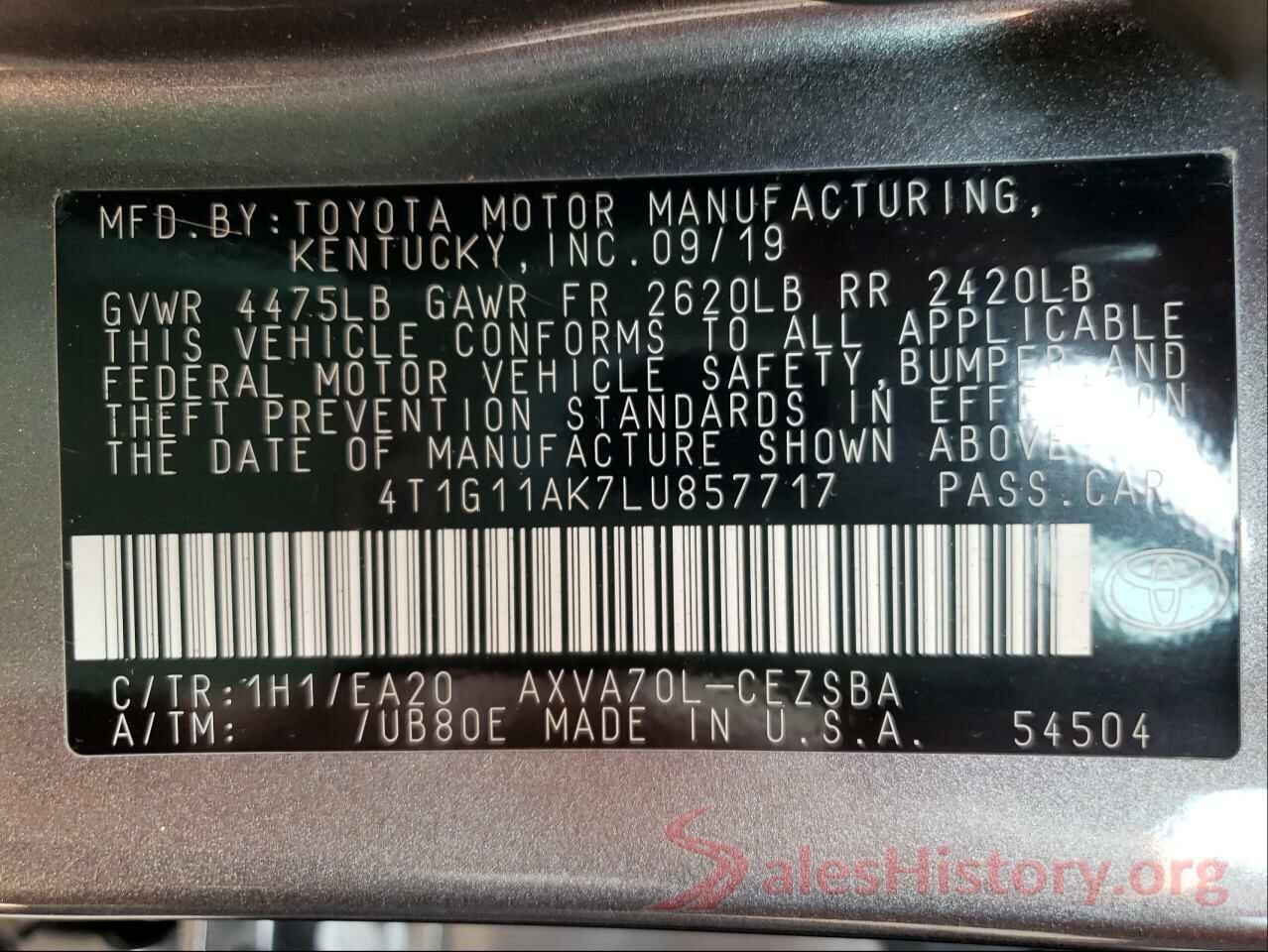 4T1G11AK7LU857717 2020 TOYOTA CAMRY