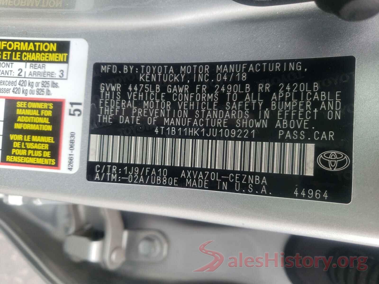 4T1B11HK1JU109221 2018 TOYOTA CAMRY