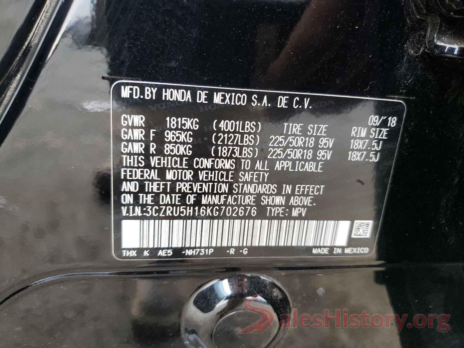 3CZRU5H16KG702676 2019 HONDA HR-V