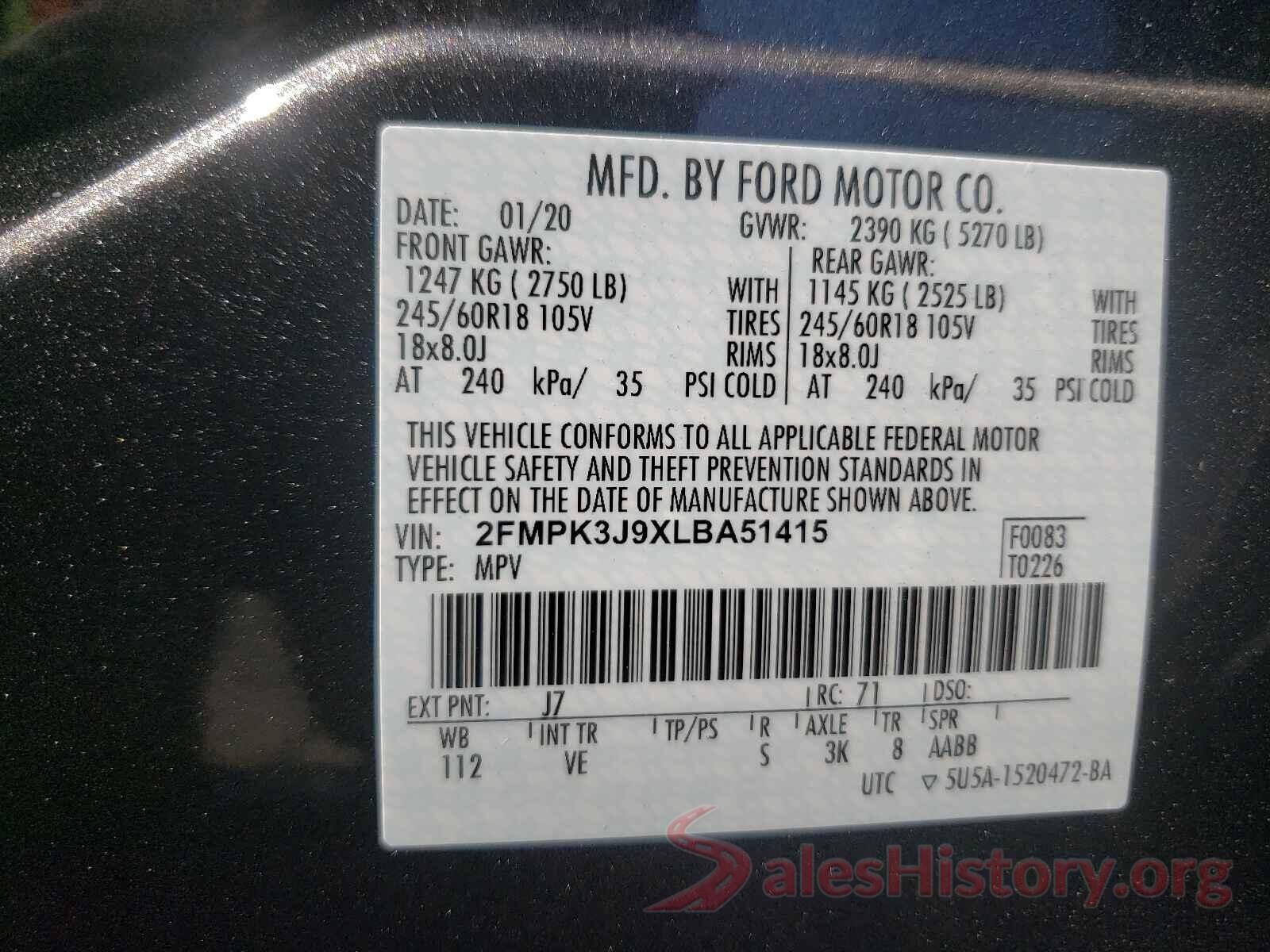 2FMPK3J9XLBA51415 2020 FORD EDGE