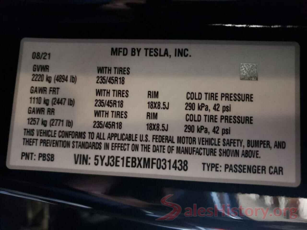 5YJ3E1EBXMF031438 2021 TESLA MODEL 3