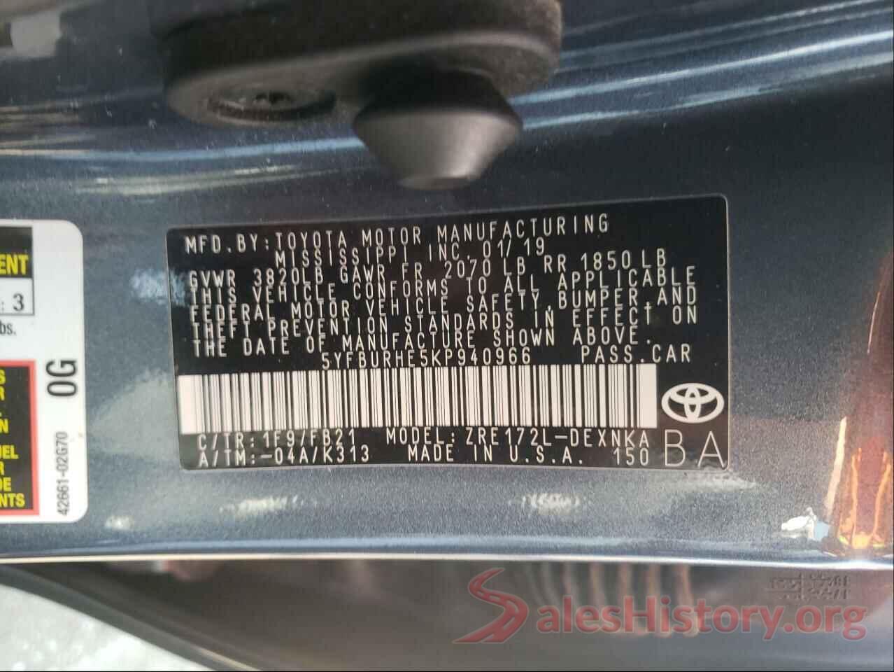 5YFBURHE5KP940966 2019 TOYOTA COROLLA