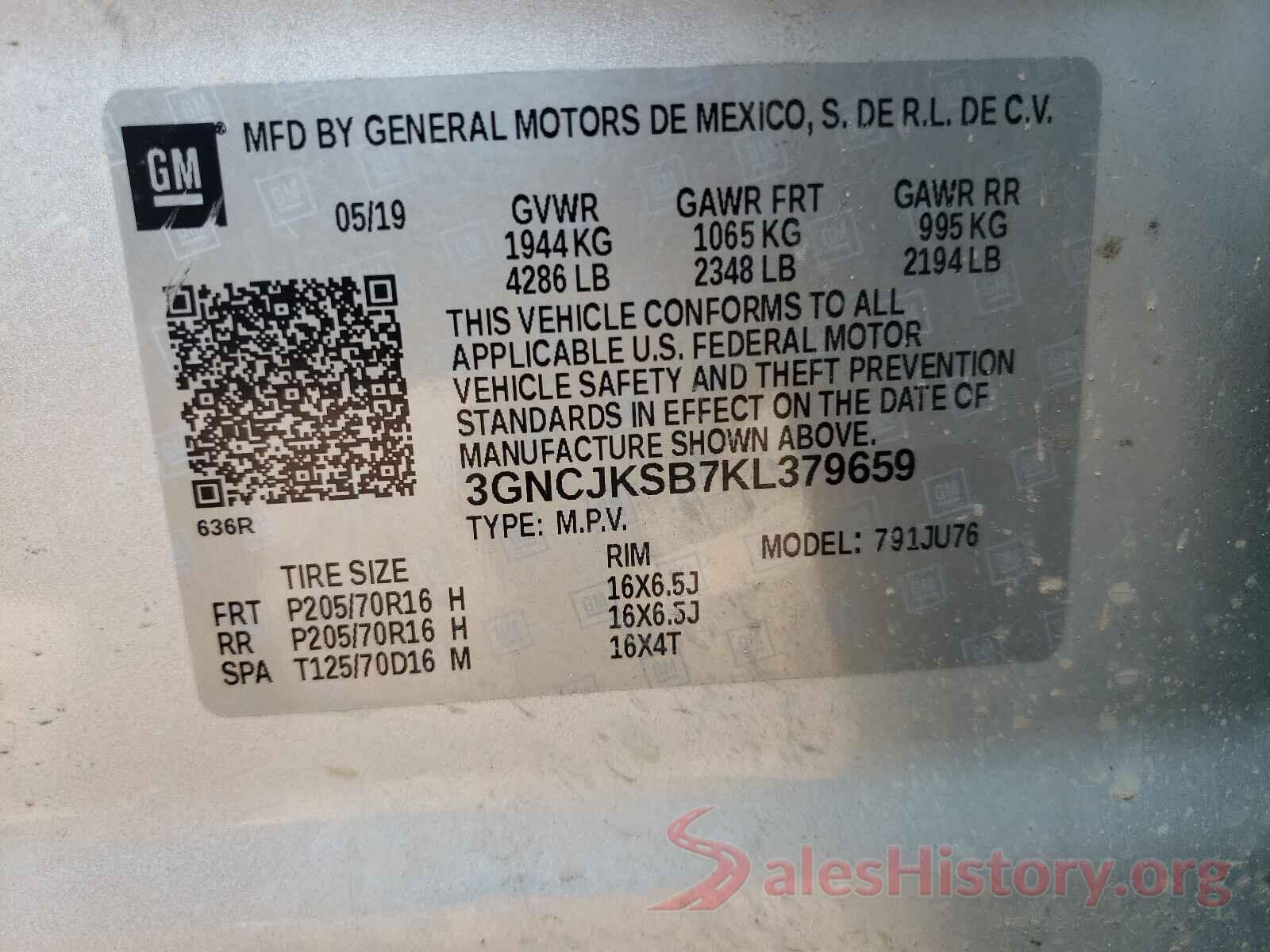 3GNCJKSB7KL379659 2019 CHEVROLET TRAX