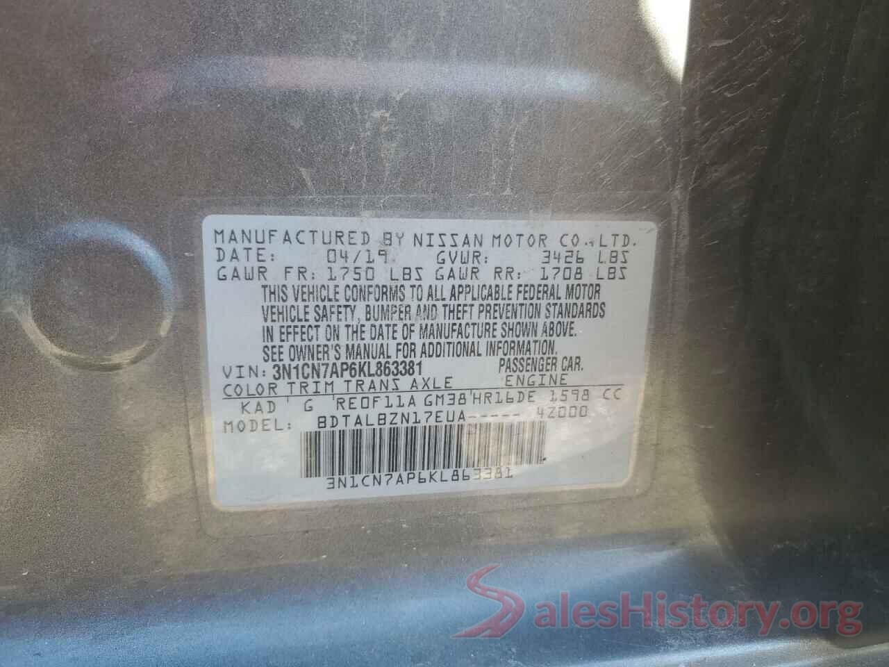 3N1CN7AP6KL863381 2019 NISSAN VERSA