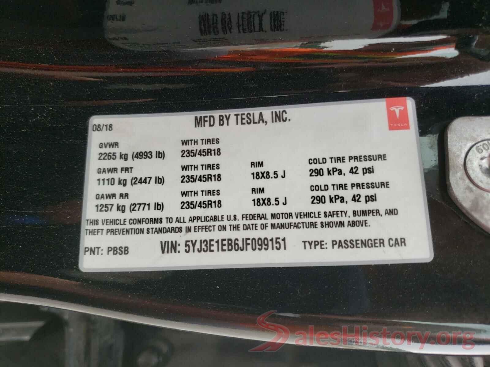 5YJ3E1EB6JF099151 2018 TESLA MODEL 3